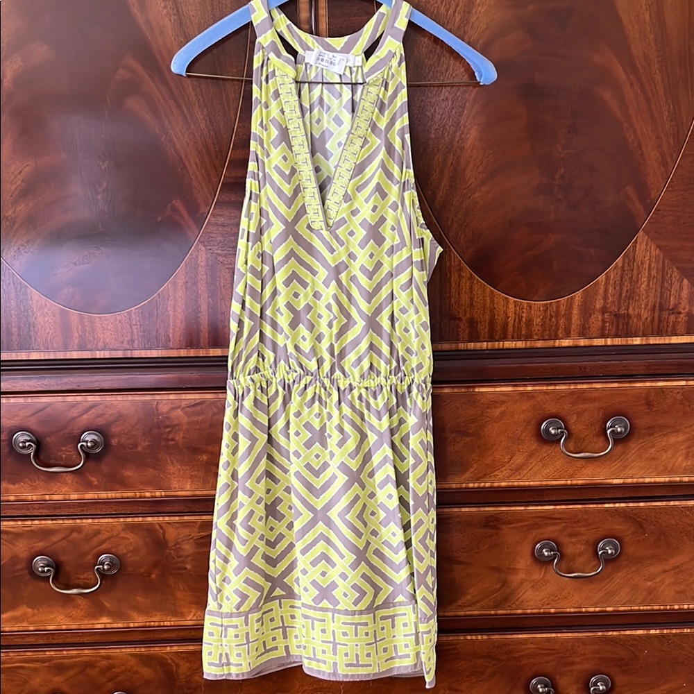 Vintage silk Geometric Patterned Dress in Yellow and Tan